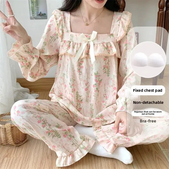 Cloud Cotton Women's Sleepwear Set – Long Sleeve Top & Pants with Chest Pad and Lace Detail