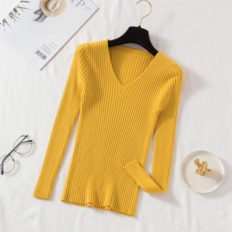 Women’s Autumn Winter V-Neck Knitted Pullover Sweater – Casual Long Sleeve Top