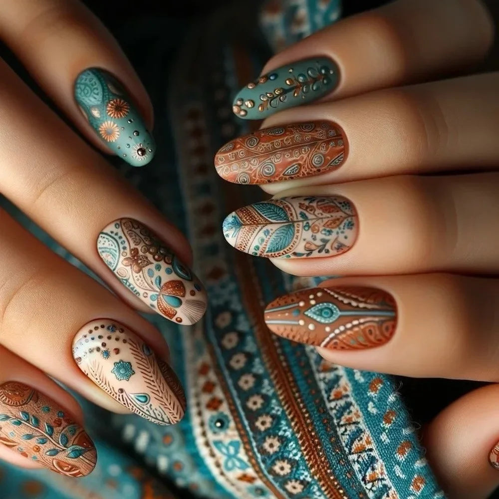 24pcs Matte Almond Press-On Nails with Rose Leaf Design