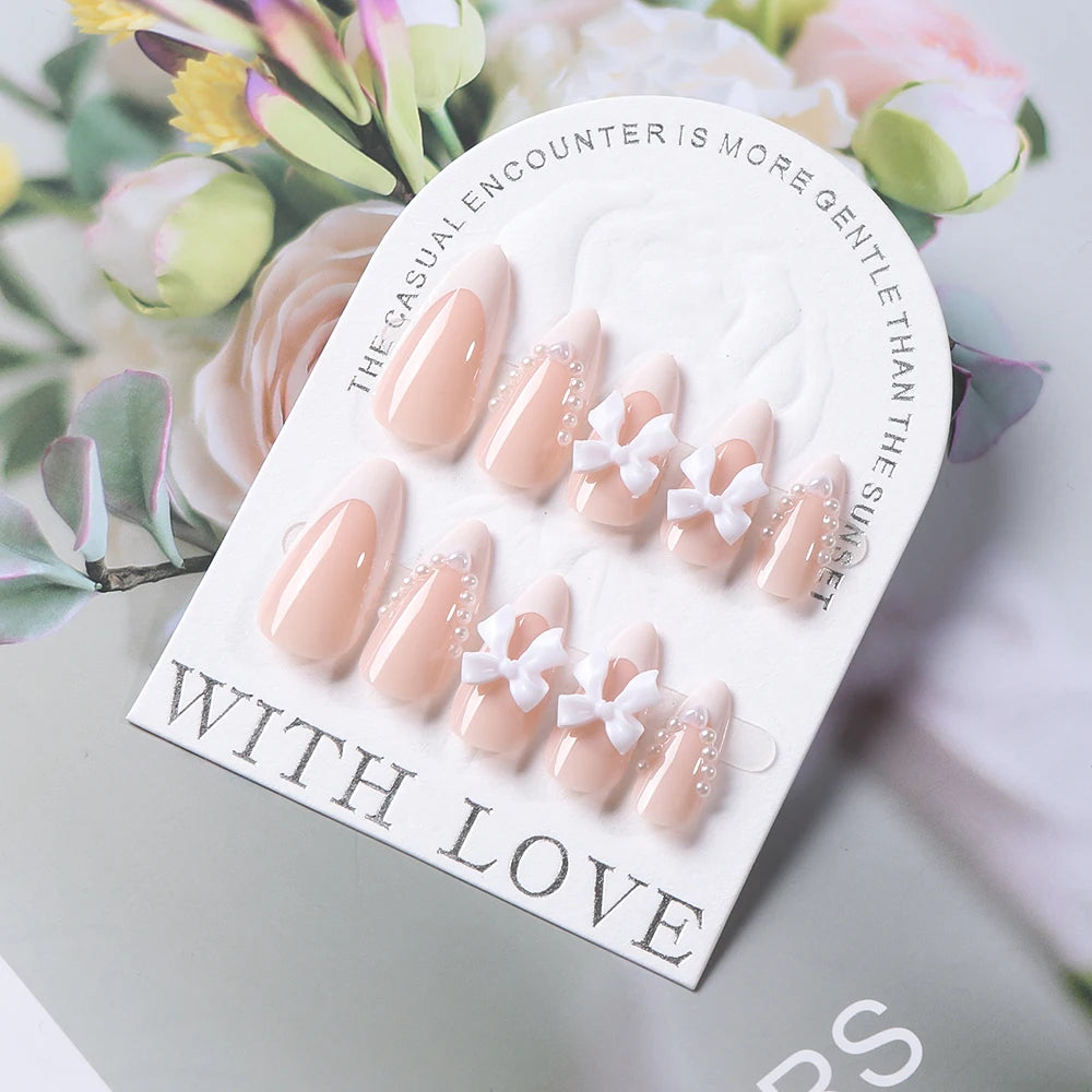 24PCS Pearl Bow Press-On Nails – Nude Pink, White French Almond, Full Cover, Includes Tools