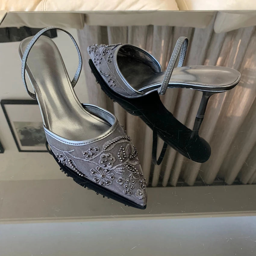 Designer White Mesh Floral Slingback High Heels – Women’s Wedding Pumps