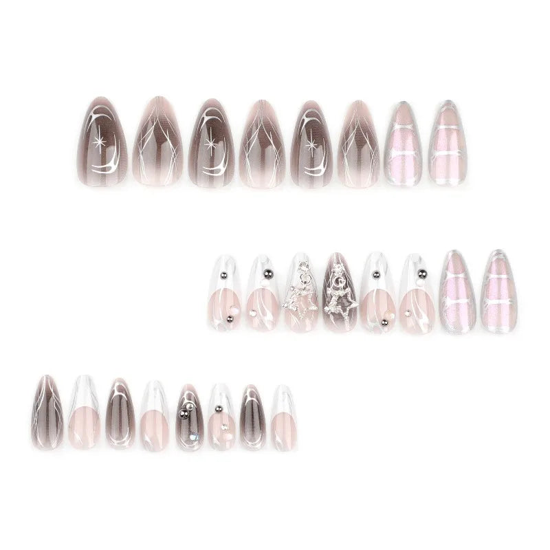 Gray & White Fake Nails – French Style, Flame Blend, Reusable, Wearable