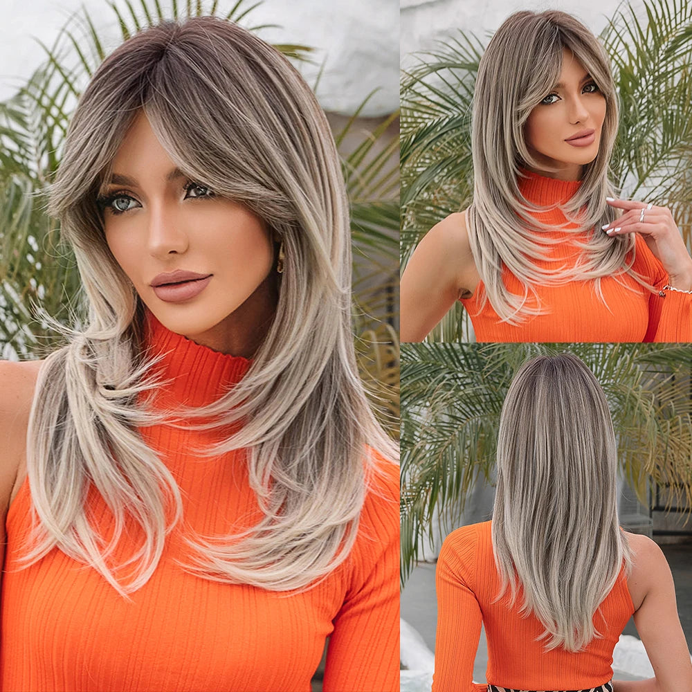 Long Blonde Wig – Straight Layered, Platinum Highlights, Bangs, Synthetic, Heat-Resistant, Daily Use
