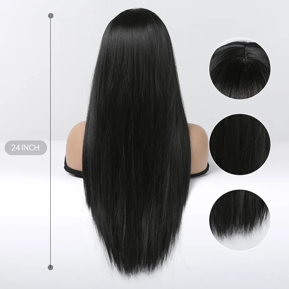 EASIHAIR Long Black Wig – Silky Straight, Bangs, Cosplay/Party, Heat-Resistant