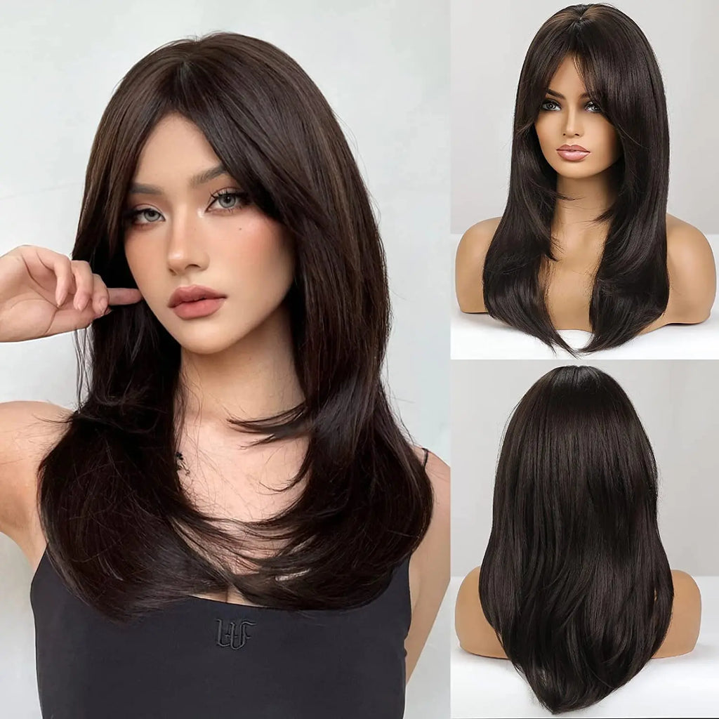 Long Blonde Wig – Straight Layered, Platinum Highlights, Bangs, Synthetic, Heat-Resistant, Daily Use