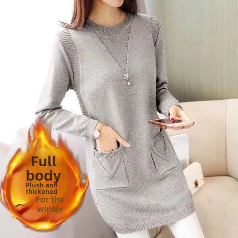 Pull Femme Tricot Mi-Long – Coupe Ample, Doublé Polaire, Style Coréen