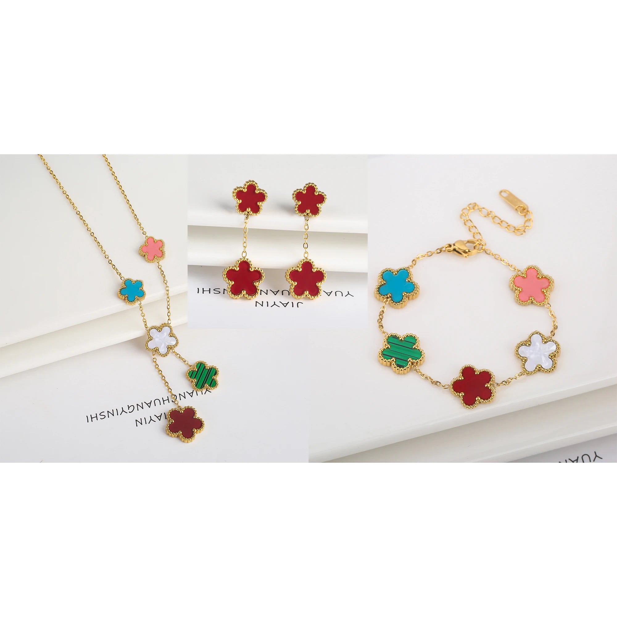Clover Five Leaf Flower Stainless Steel Jewelry Set
Luxury Bracelet, Necklace & Earrings for Women