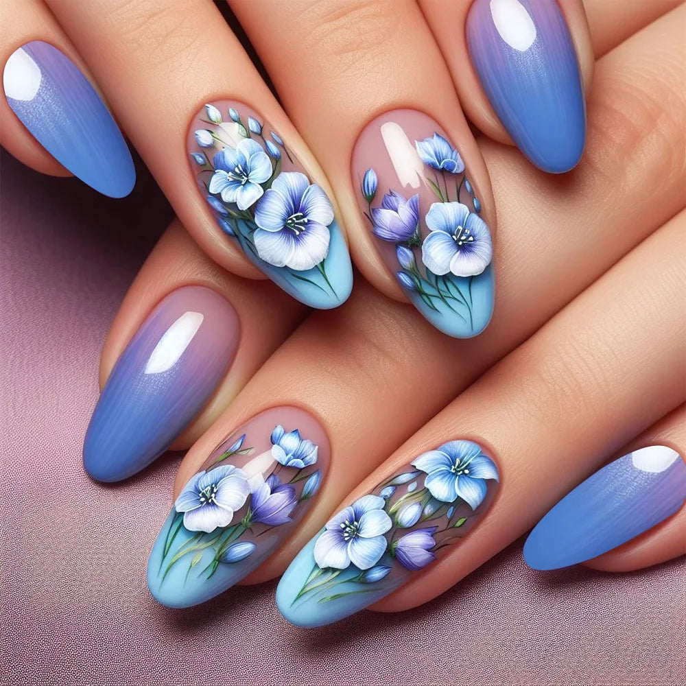 24pcs Matte Almond Press-On Nails with Rose Leaf Design