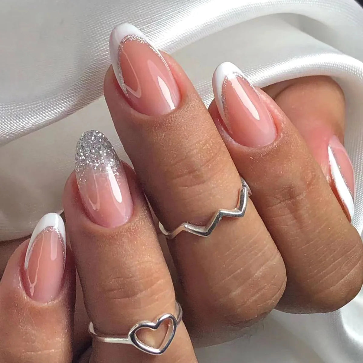 Medium Acrylic Almond Fake Nails – Removable Press-On, French Style, Europe/USA Design