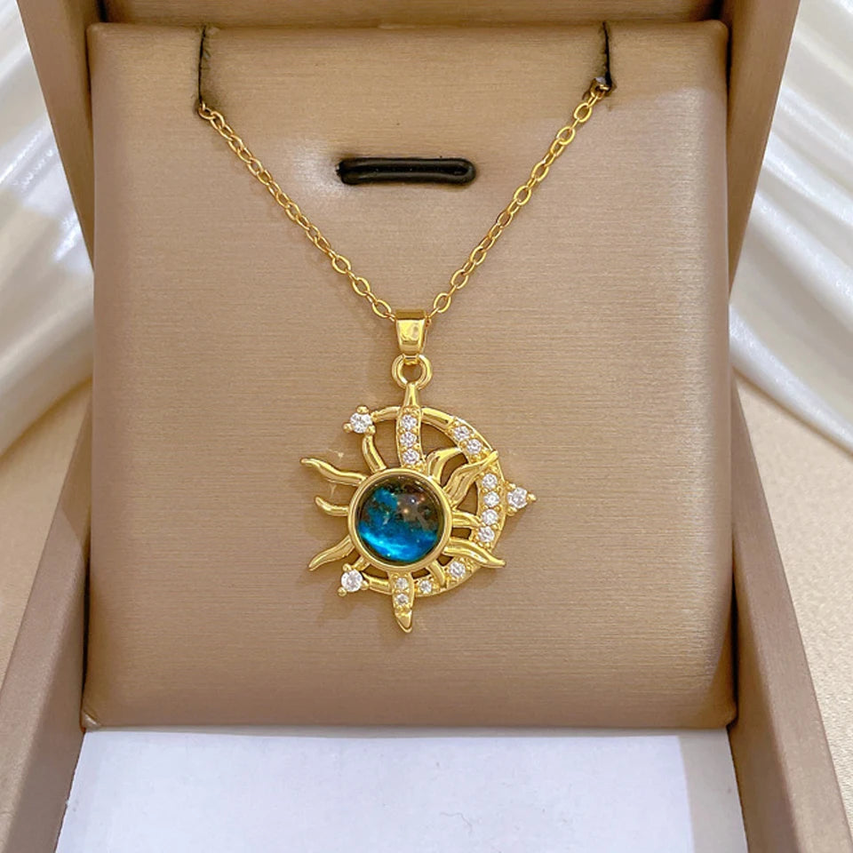 Gold Titanium Steel Star & Moon Astronaut Pendant Necklace