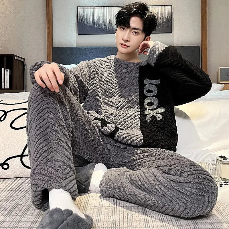 Men's Coral Fleece Pajamas – Thickened, Warm, Two-Piece, Autumn/Winter