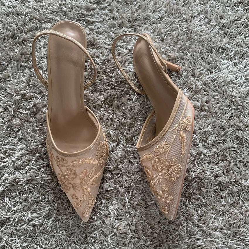Mesh Embroidered Beaded High Heel Sandals – Women’s Pointed Toe Slingback Mules