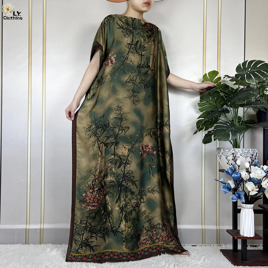 Dubai Printed Silk Maxi Dress with Turban – Loose Casual Islamic Fashion for Women