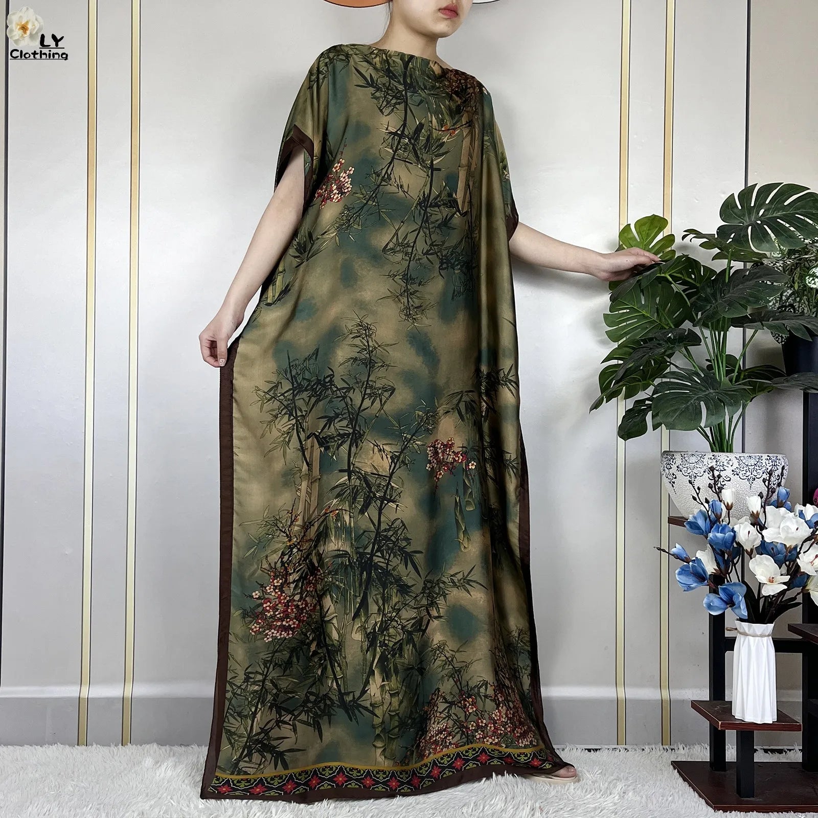 Dubai Printed Silk Maxi Dress with Turban – Loose Casual Islamic Fashion for Women