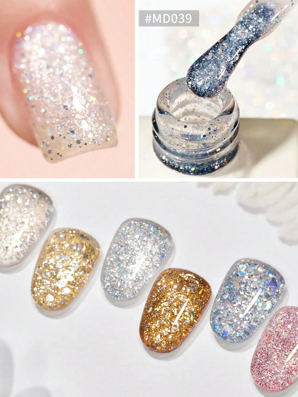 6PCS Holographic Glitter Gel Polish – 15ml, Sparkling, Peelable, UV/LED, DIY Home Use