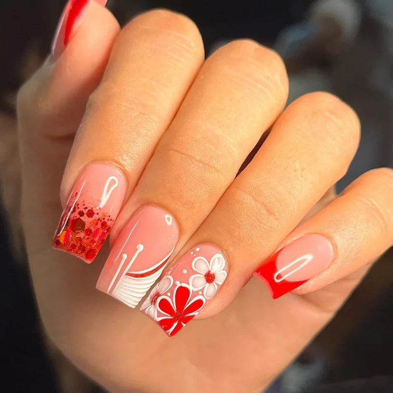24pcs Wine Red Glitter Gradient Press-On Nails