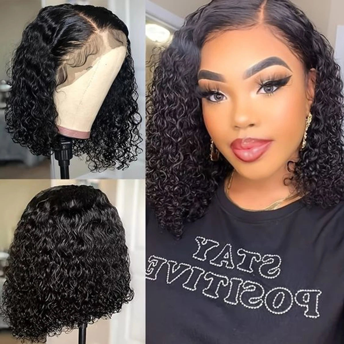 Deep Wave Short Bob Wig – 180% Density, Pre-Plucked, Side Part, 13x4 Lace Frontal, Brazilian Virgin Hair