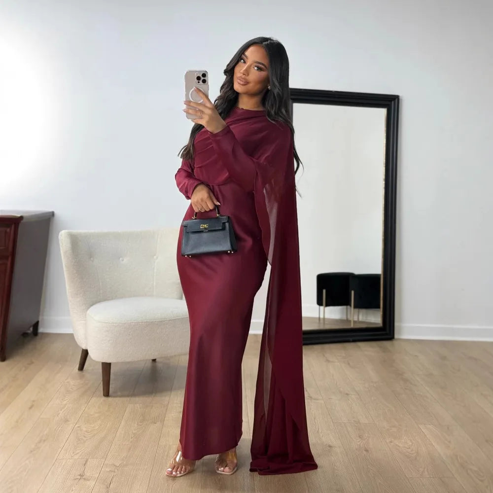 Elegant Satin Chiffon Evening Dress – Slim Fit Muslim Gown for Women in Dubai & Turkey