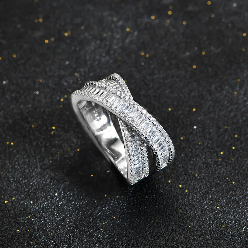 S925 Sterling Silver Double Layer Cross Full Diamond Ring Minimalist Stackable Statement Finger Jewelry for Women