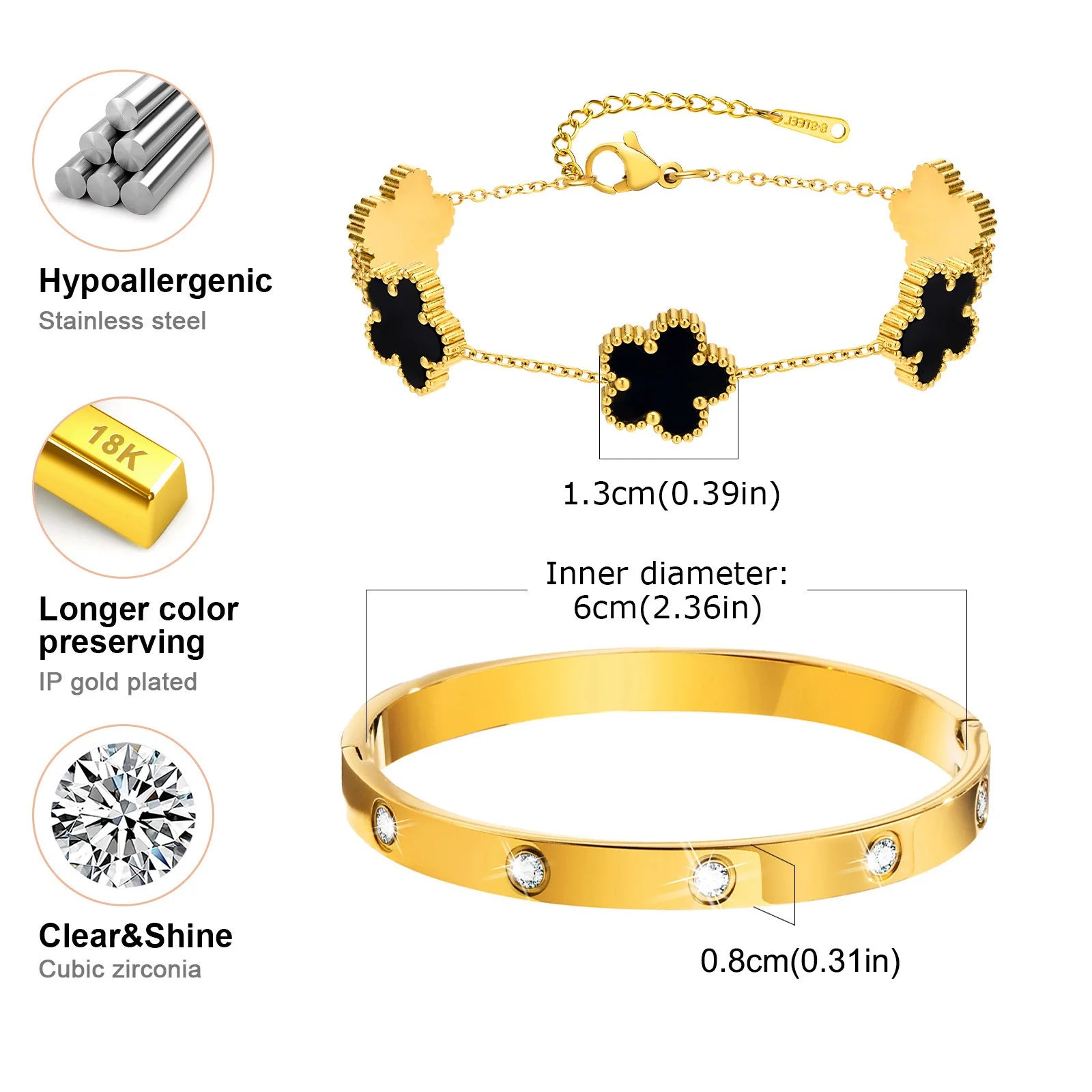 13mm Clover Stainless Steel Bracelet Set – Women’s Gift