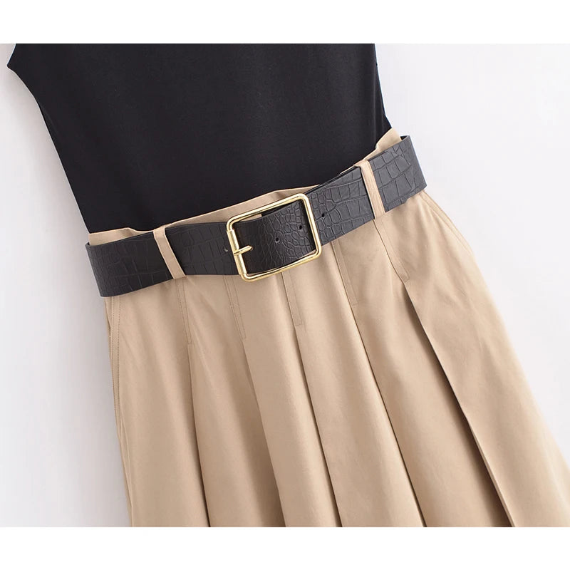 Women’s Pleated Midi Dress – Sleeveless Knitted Summer Sundress with Belt