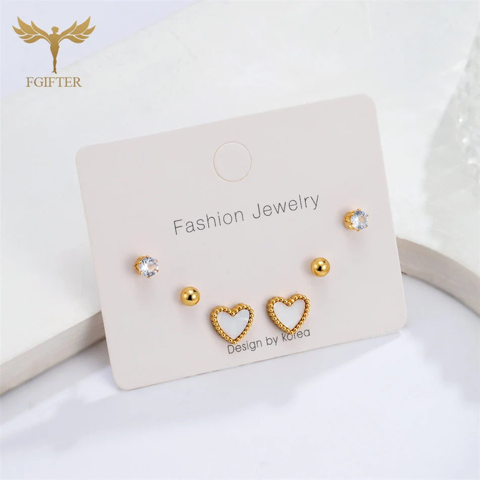 Romantic Heart CZ Ball Stud Earrings – Gold Stainless Steel