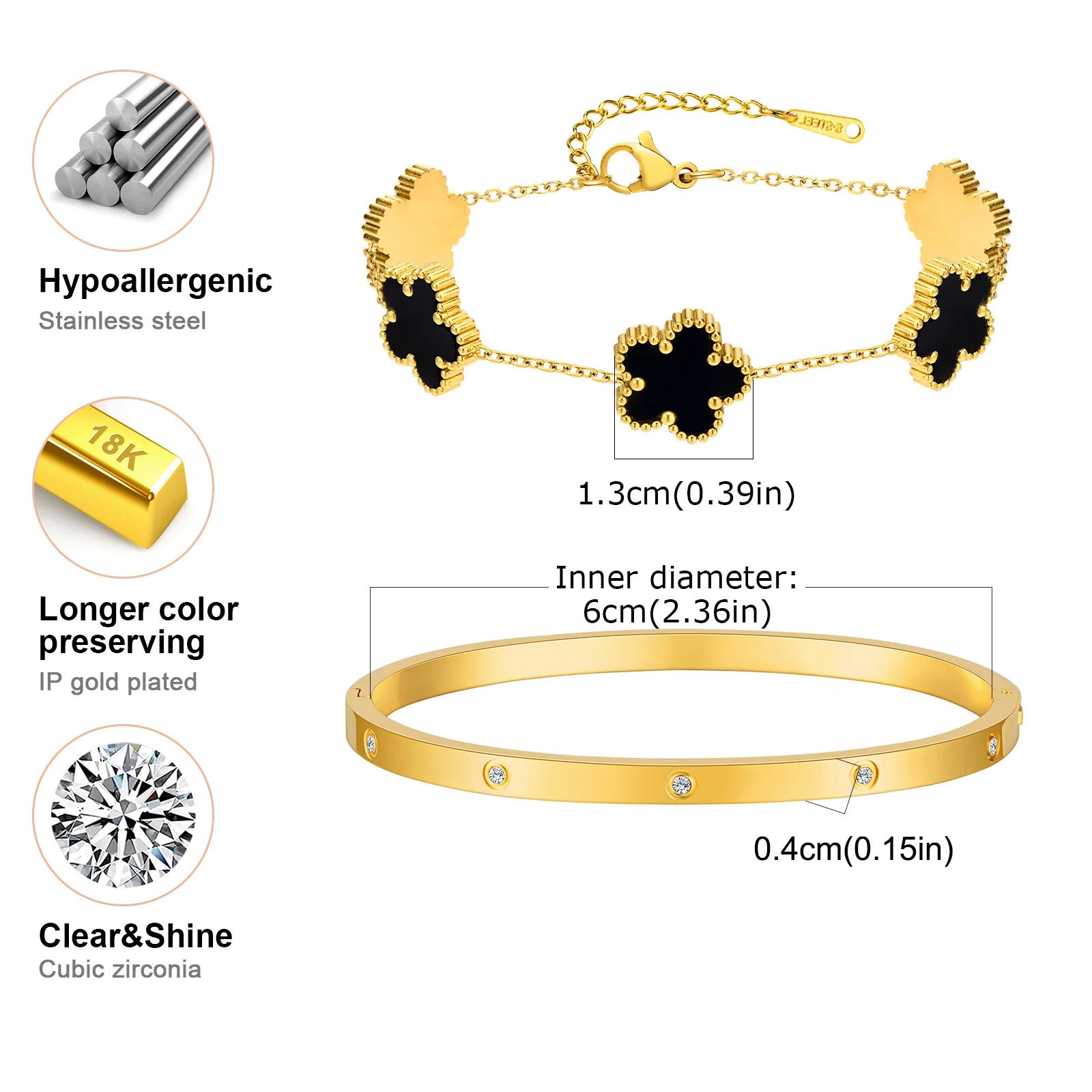 13mm Clover Stainless Steel Bracelet Set – Women’s Gift