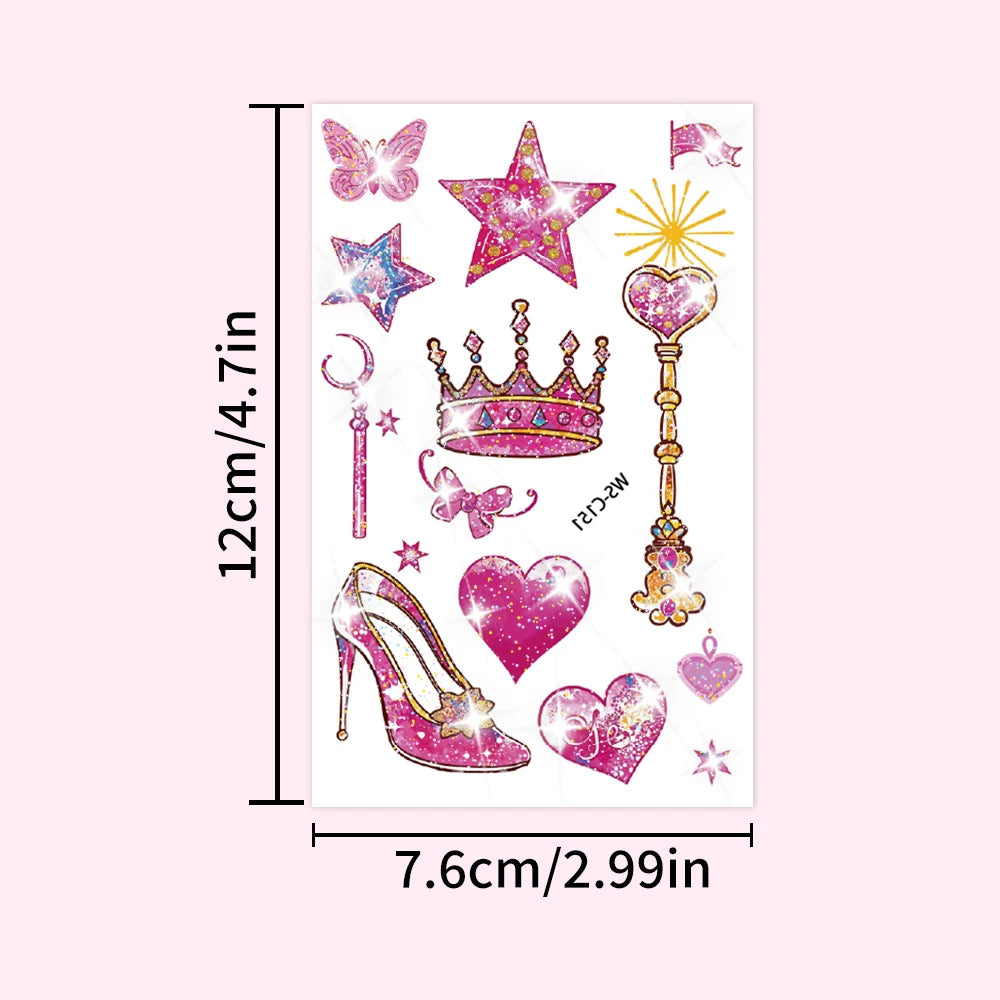 Glitter Princess Temporary Tattoos – 10 Sheets, Cartoon Castle & Fairy Stickers