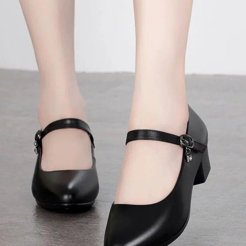 Women's Medium Heel Leather Pumps – Comfortable Non-Slip Daily Wear