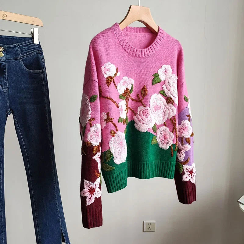 Autumn European-Style Fluffy Flower Sweater – Loose Crew Neck Top