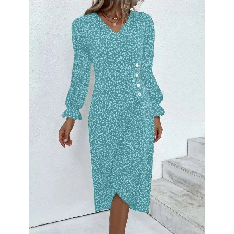 Floral Pleated Midi Dress with V-Neck & Puff Sleeves