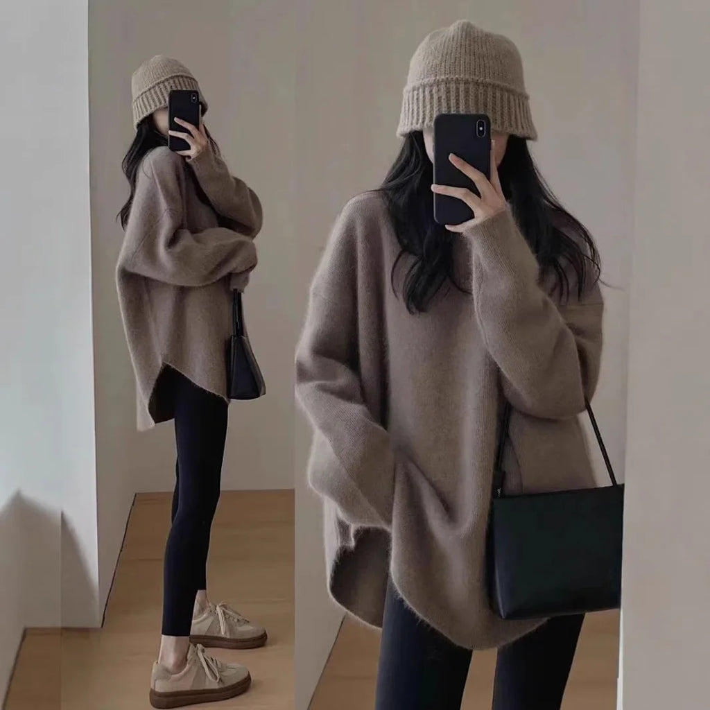 White Pull Femme Tricot – Loose Long Sleeve, Autumn/Winter, Lazy Style, Polyester Fiber