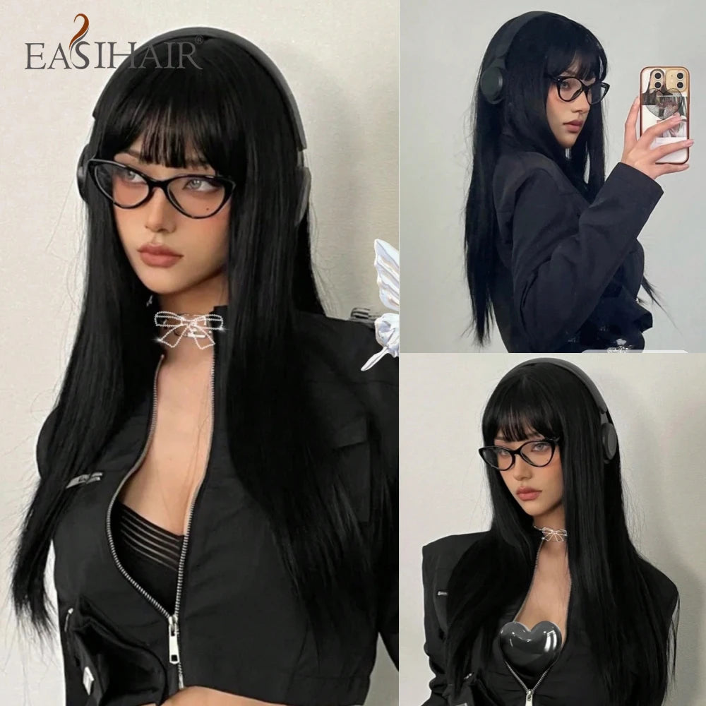 EASIHAIR Long Black Wig – Silky Straight, Bangs, Cosplay/Party, Heat-Resistant