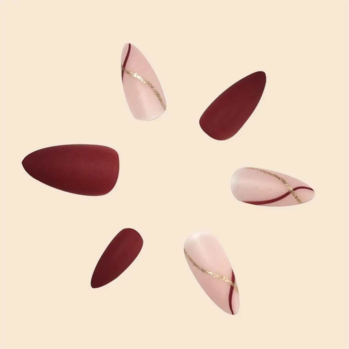 French Red & Gold Matte Fake Nails – Medium Drop Shape, Full Coverage, Press-On