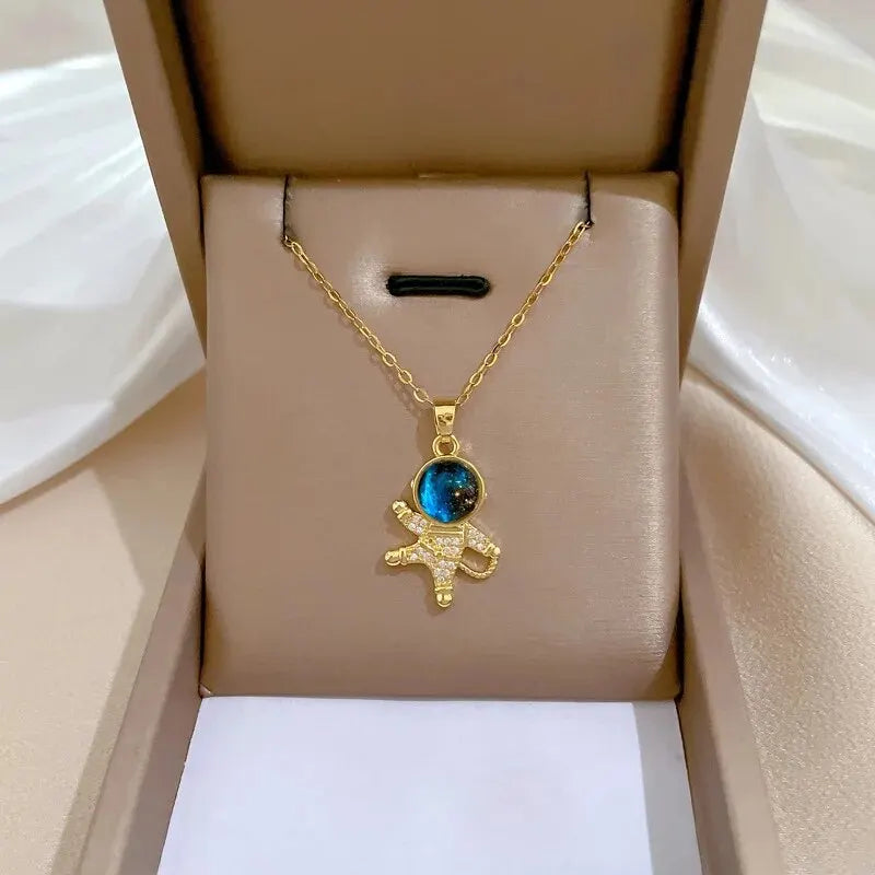 Gold Titanium Steel Star & Moon Astronaut Pendant Necklace