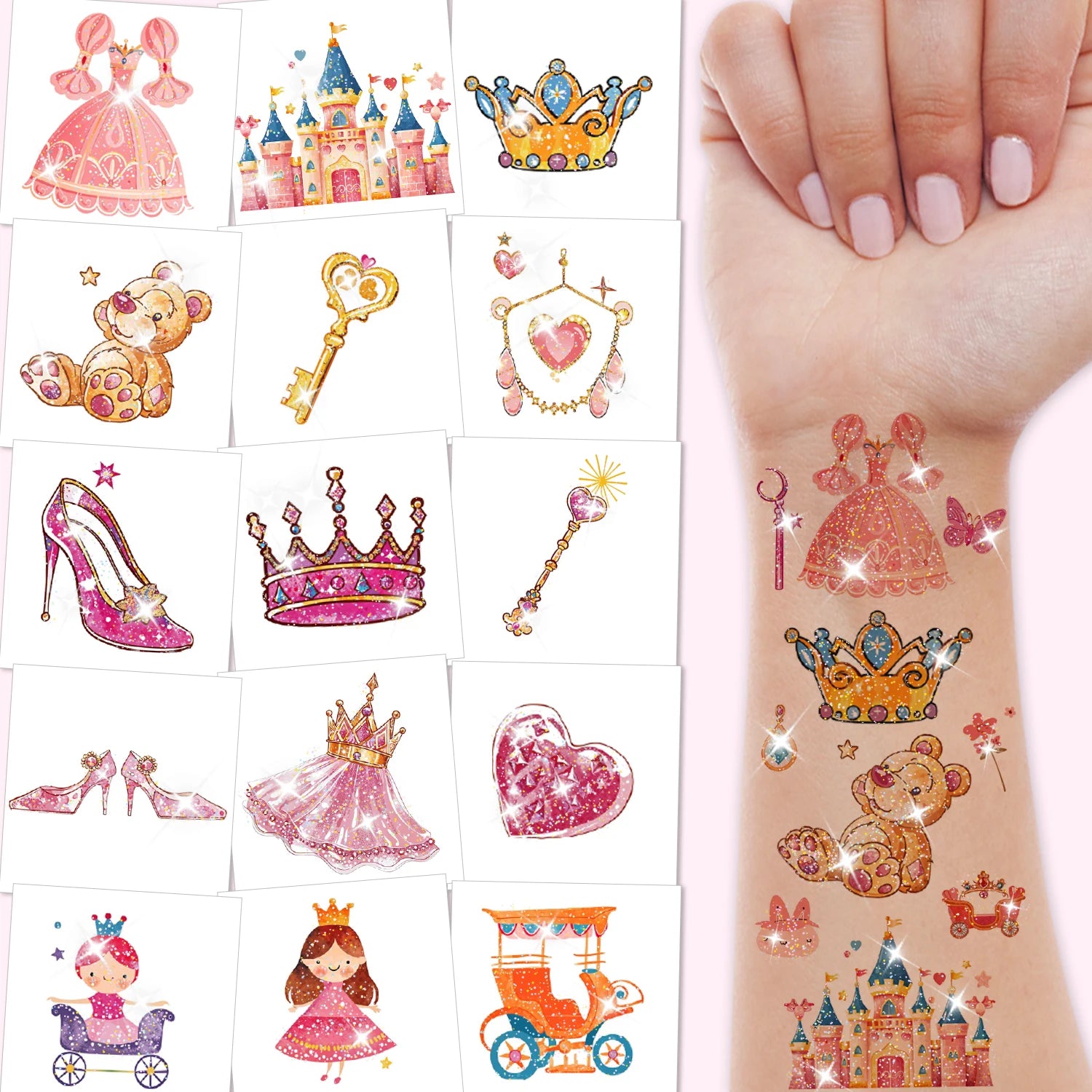 Glitter Princess Temporary Tattoos – 10 Sheets, Cartoon Castle & Fairy Stickers