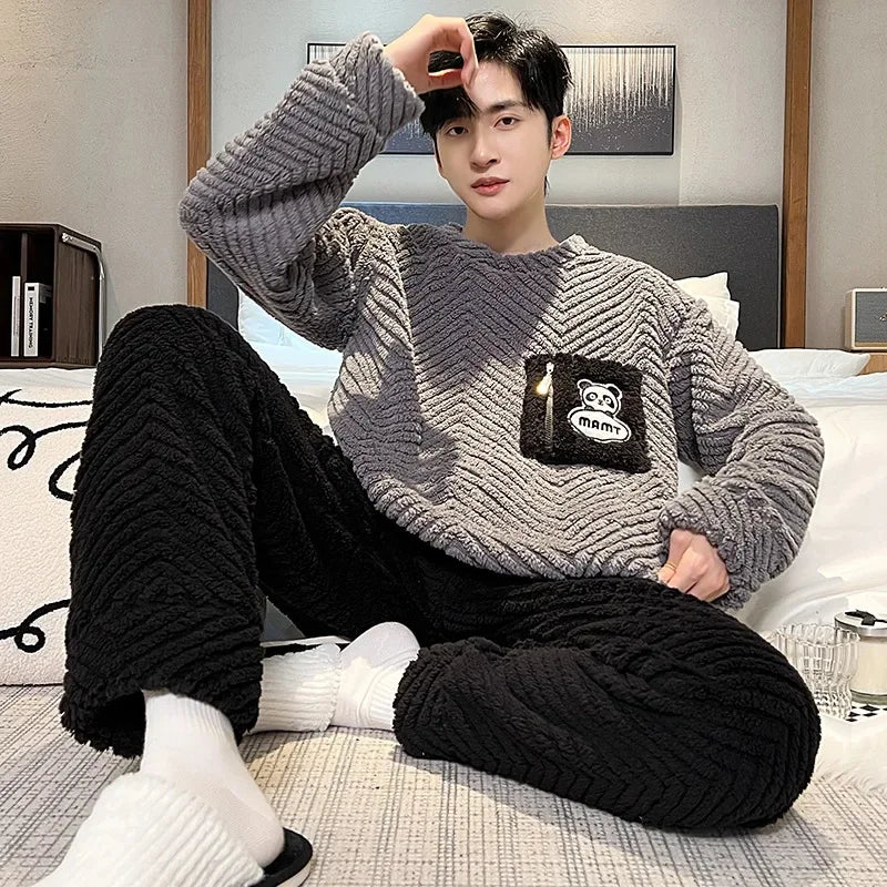 Men's Coral Fleece Pajamas – Thickened, Warm, Two-Piece, Autumn/Winter