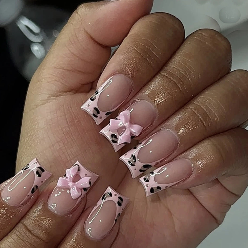 ARTAUG 24PCS Press-On Nails – Medium Stiletto, Pink Bowknot, French Trim, Full Cover