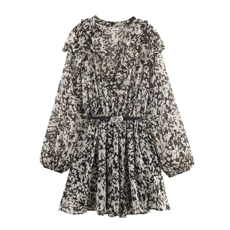 Women’s Autumn Printed V-Neck Mini Dress