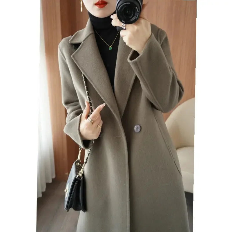 Manteau Femme Grande Taille Mi-Long – Laine, Coupe Ample, Style Coréen, Printemps/Automne, Polyester Épaissi