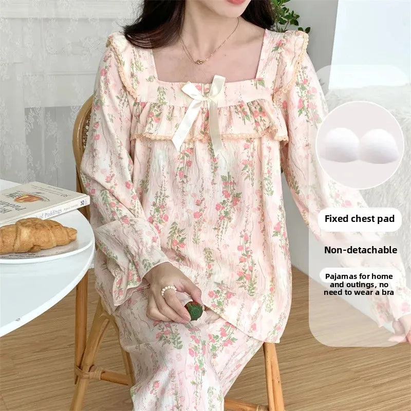 Cloud Cotton Women's Sleepwear Set – Long Sleeve Top & Pants with Chest Pad and Lace Detail