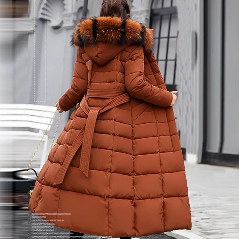 Veste Femme Coréenne Épaissie – Longue, Col Fourrure, Slim, Capuche, Coton Hiver