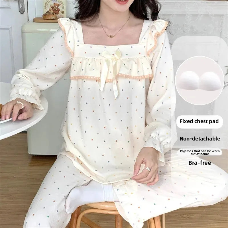 Cloud Cotton Women's Sleepwear Set – Long Sleeve Top & Pants with Chest Pad and Lace Detail