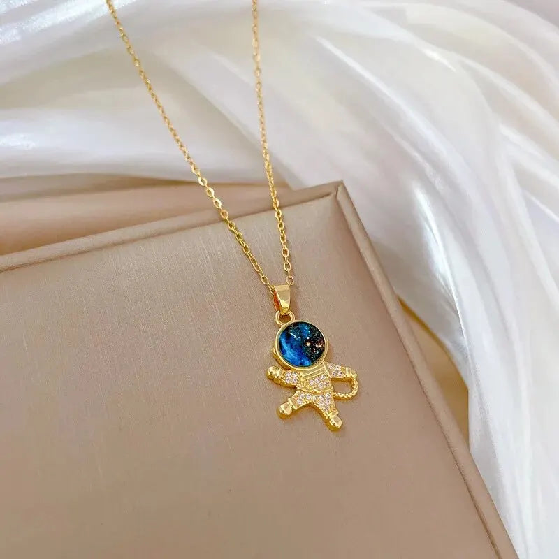 Gold Titanium Steel Star & Moon Astronaut Pendant Necklace