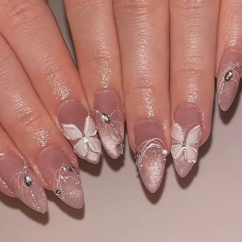 24pcs Matte Almond Press-On Nails with Rose Leaf Design