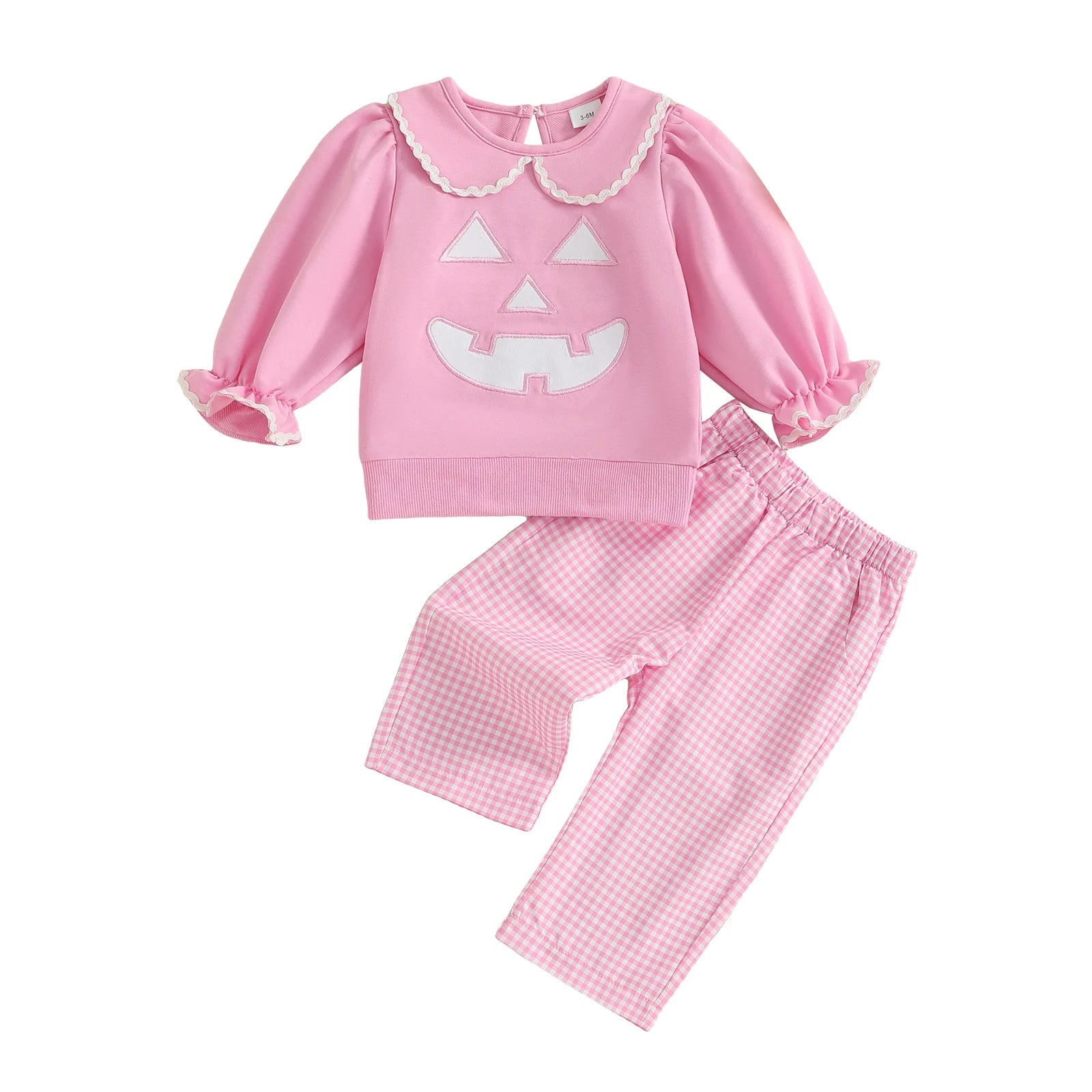 Toddler Girl Halloween Outfit – 2-Piece, Pumpkin Embroidery, Long Sleeve Top & Plaid Pants