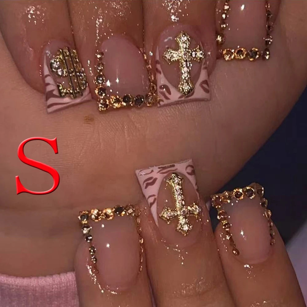 10PCS Y2K French Fake Nails – Short Square, Pointed, Gold Rhinestone & Leopard Print, Acrylic