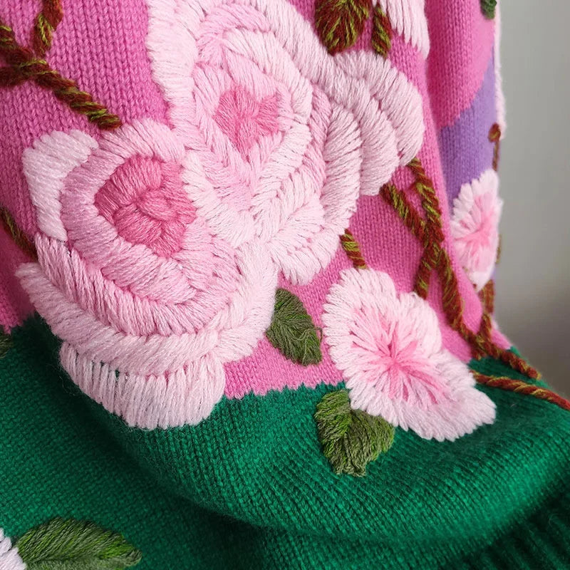 Autumn European-Style Fluffy Flower Sweater – Loose Crew Neck Top