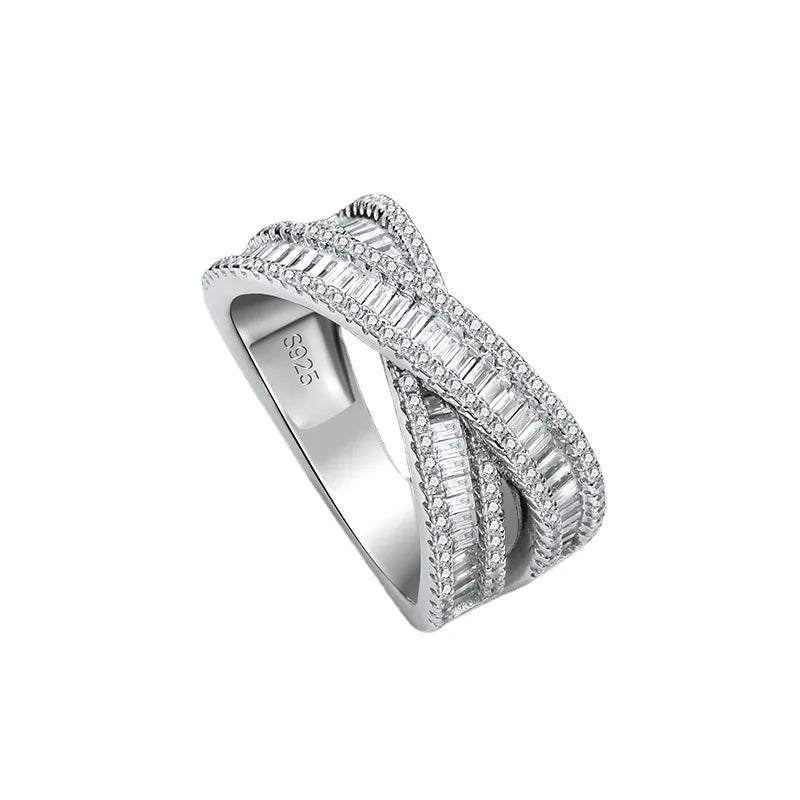 S925 Sterling Silver Double Layer Cross Full Diamond Ring Minimalist Stackable Statement Finger Jewelry for Women
