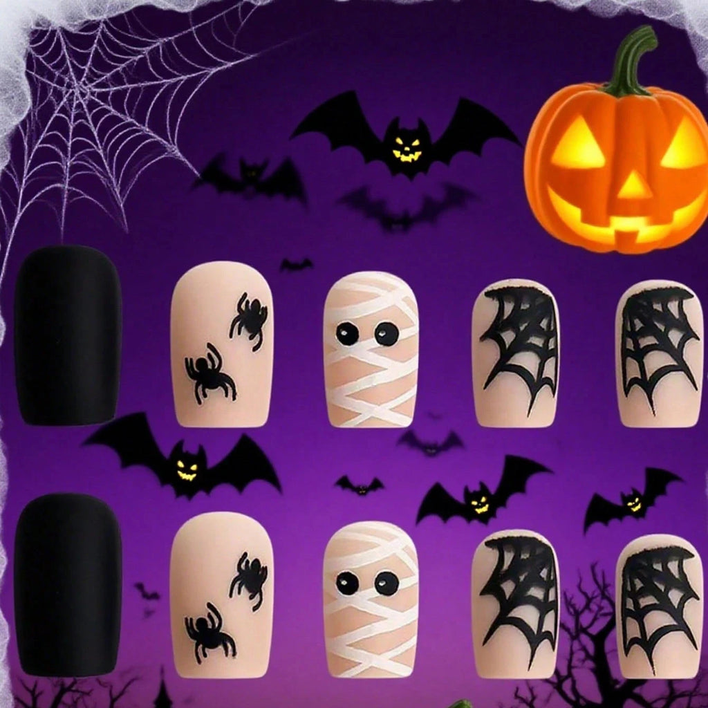 24PCS Halloween Mummy Fake Nails – Short Square, Full Coverage, Cute Press-On